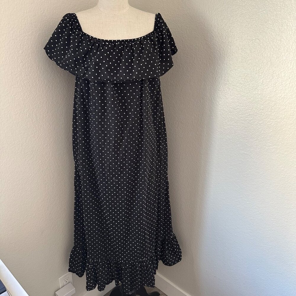 Marysia Resort Maxi Dress Off Shoulder Swiss Polka Dot Scallop Black M